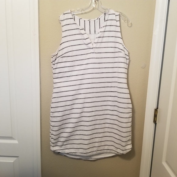 Women's Size L (12-14) Dress 12% Linen White With Blue Striped - Picture 1 of 7